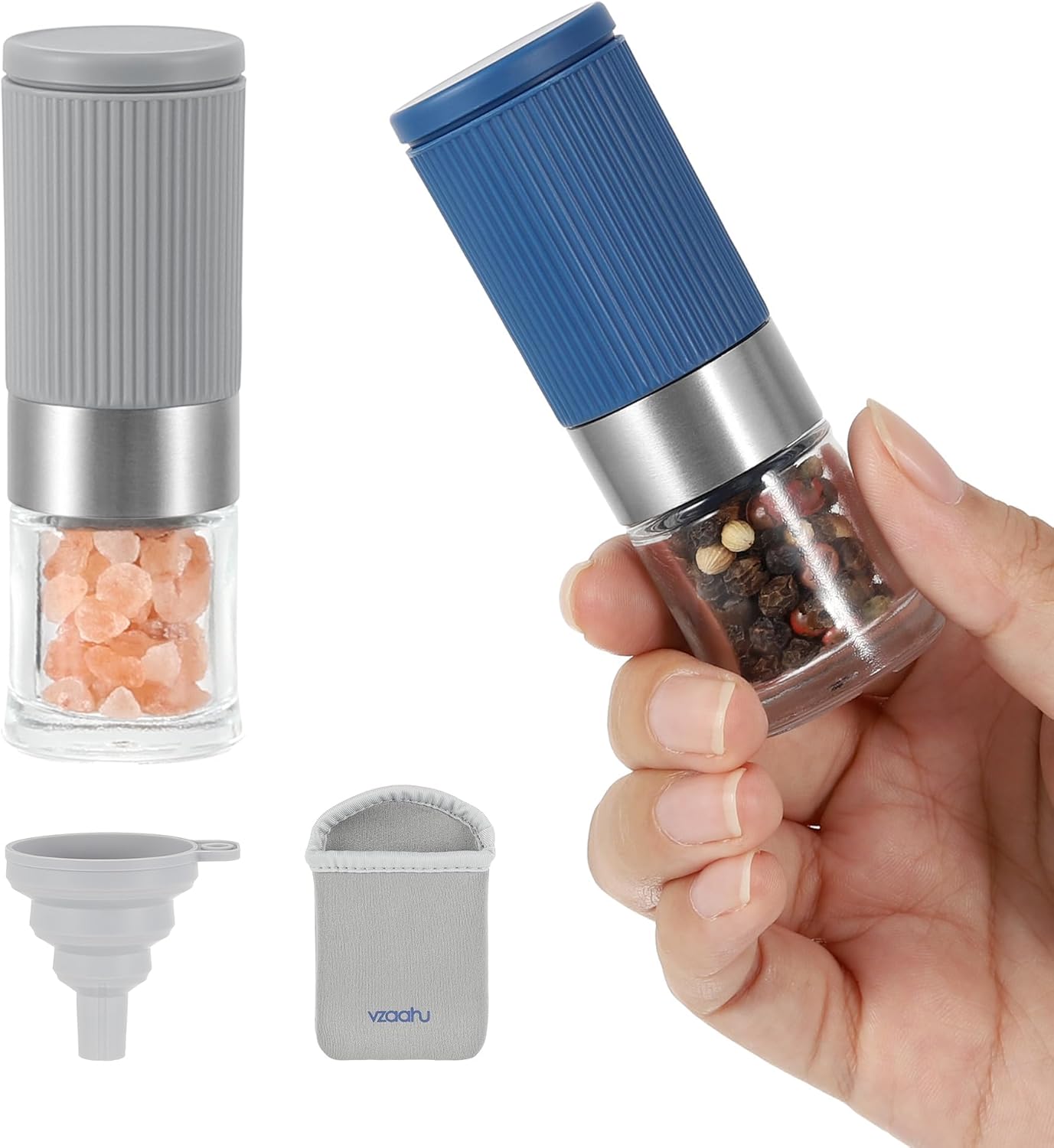 vzaahu Mini Salt Pepper Grinder Set with Bag and Funnel