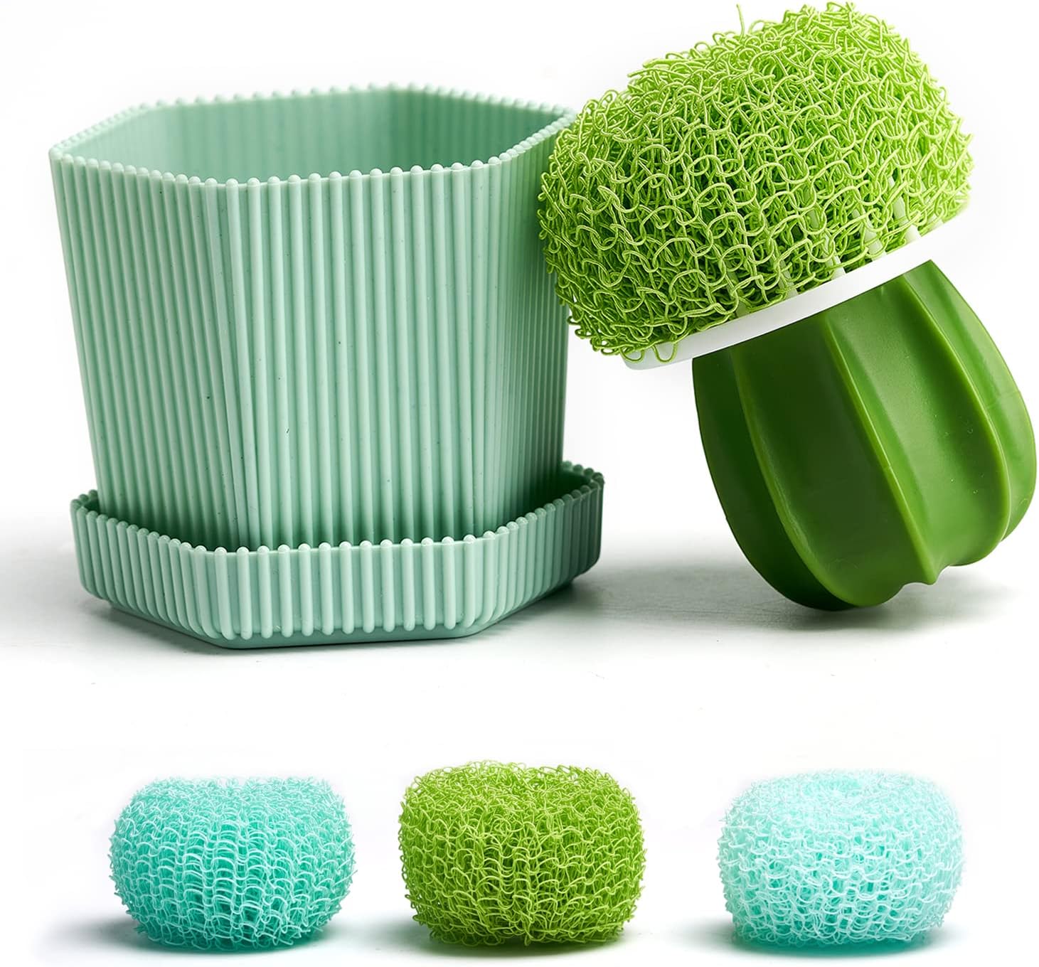 Sirensky Cactus Dish Brush Set with Drip Tray Green