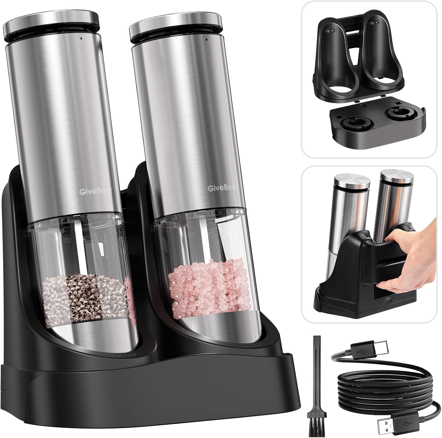 GiveBest Electric Salt Pepper Grinder Set with LED Light and USB Rechargeable