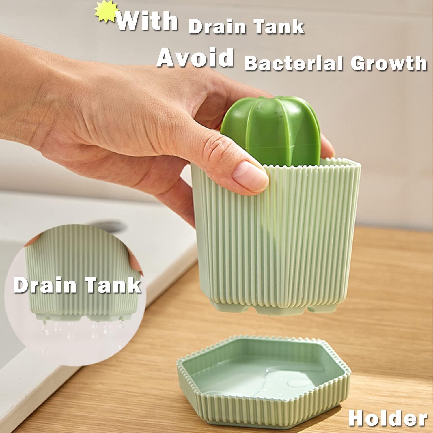 Sirensky Cactus Dish Brush Set with Drip Tray Green