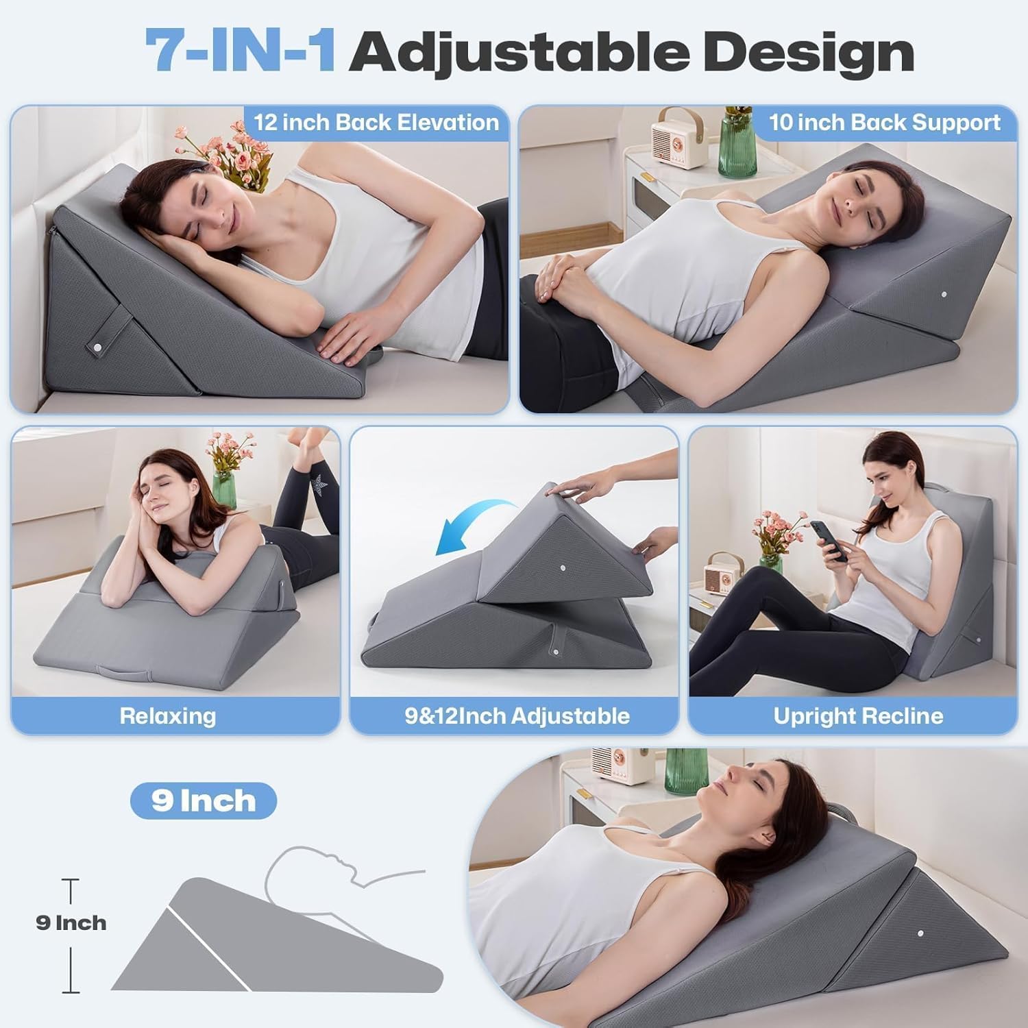 GOHOME 12 Inch Adjustable Memory Foam Wedge Pillow - Grey