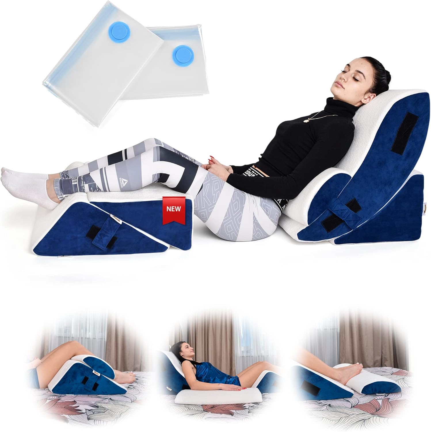 ONDEKT Orthopedic Wedge Pillow Set 5pcs Navy