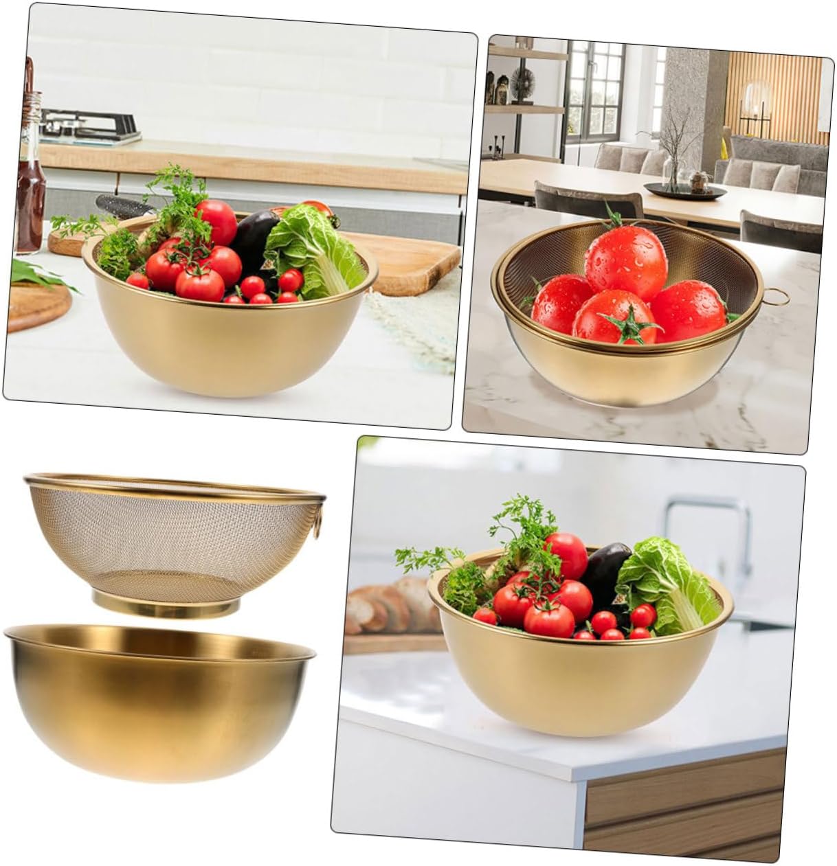 VOSAREA 1 Set Stainless Steel Colander with Drain Basket and Gold Bowls