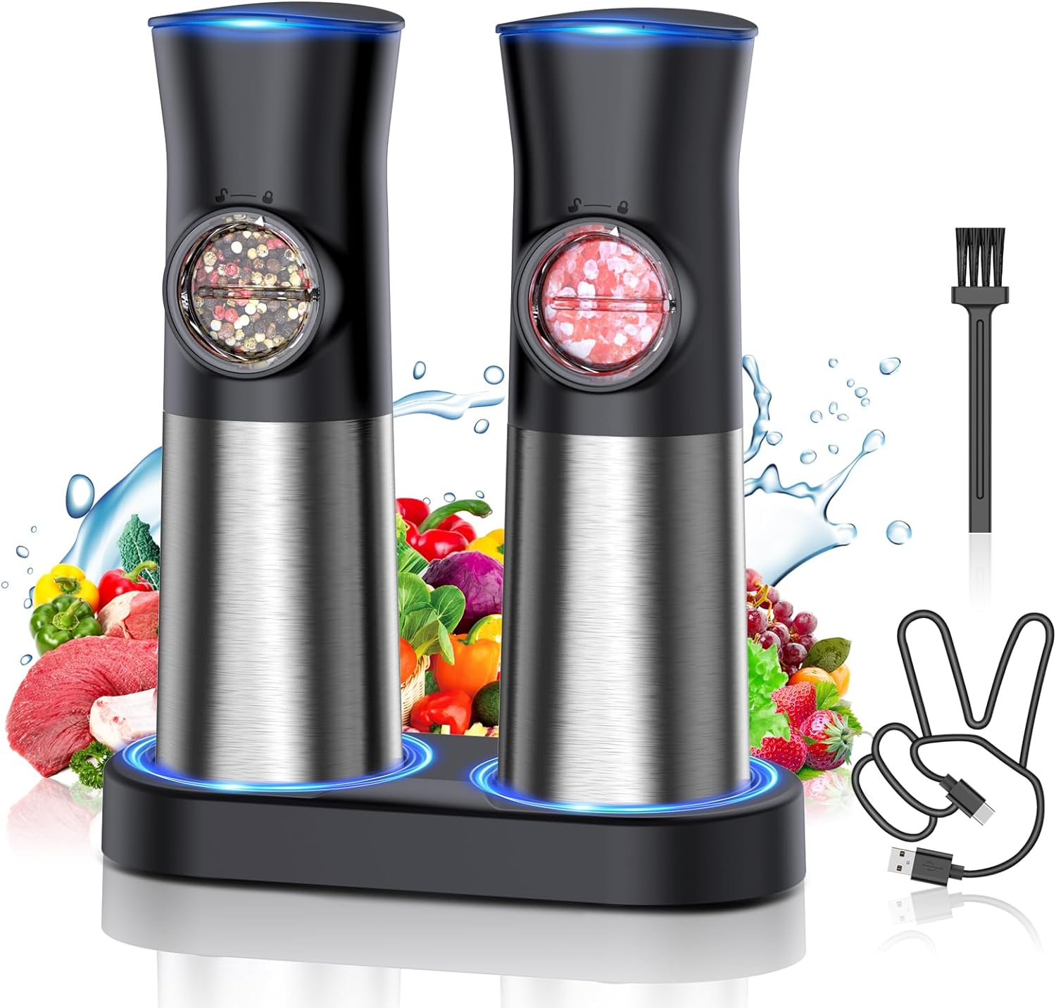 PSOS Gravity Electric Salt Pepper Grinder Set - USB Rechargeable with LED Light