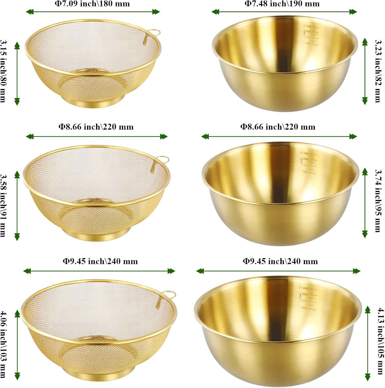 MAHIONG 6PCS Stainless Steel Colander Set with Mixing Bowls