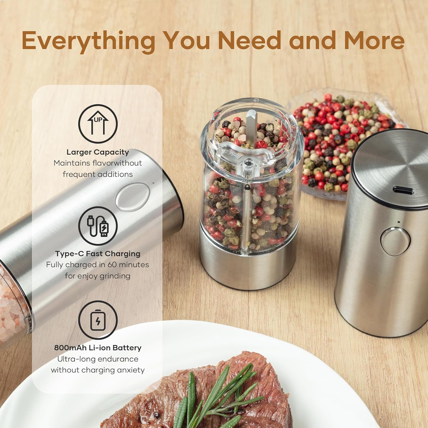 Electric Salt Pepper Grinder Set USB Rechargeable