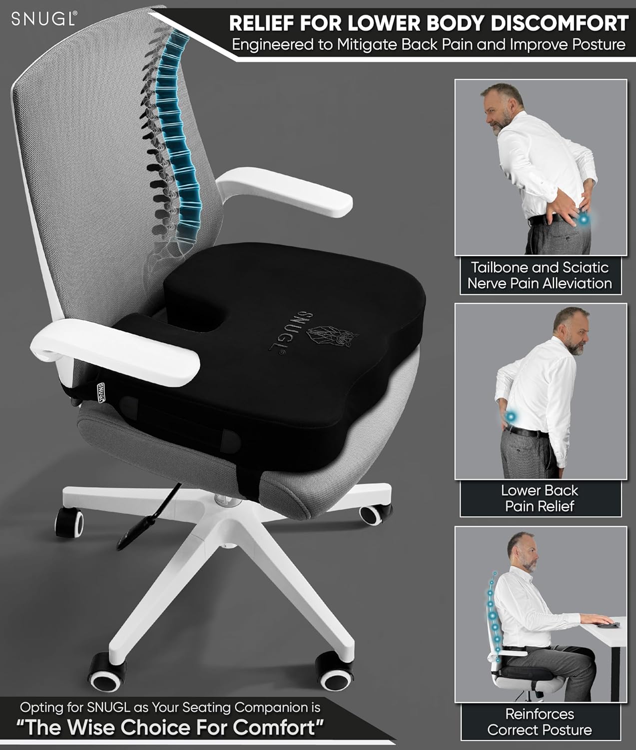 SNUGL Seat Cushion for Tailbone Back Pain Relief 1
