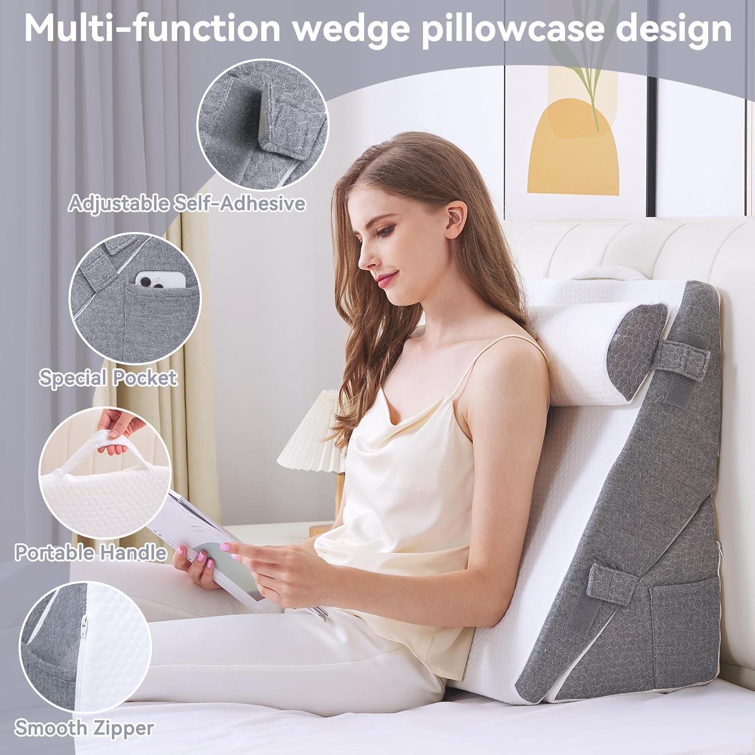 Hogrance 4PCS Wedge Pillow Set for Side Sleepers Grey