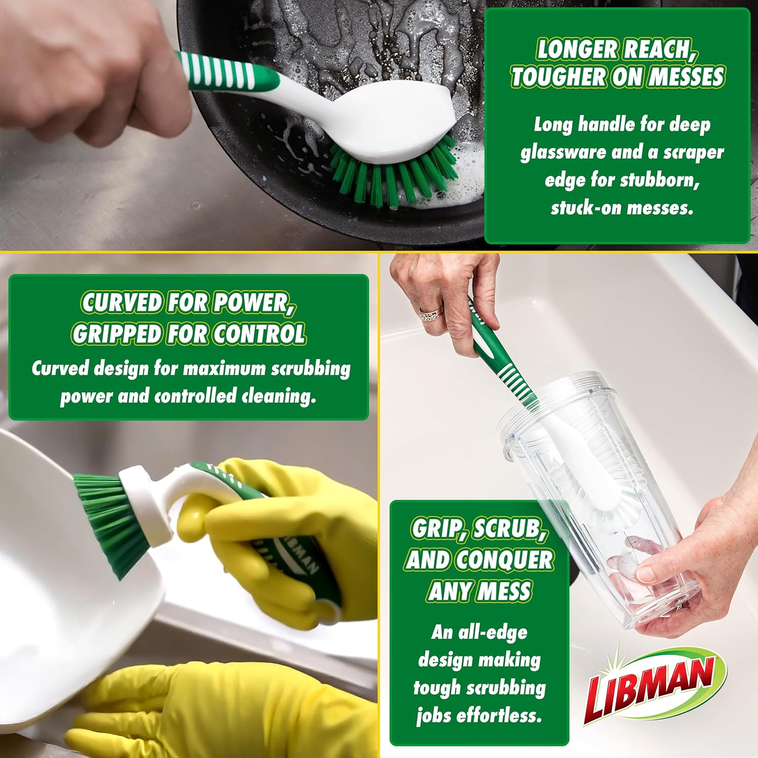 Libman 3-Piece Cleaning Brush Kit for Kitchen Basins Sinks Dishwashers