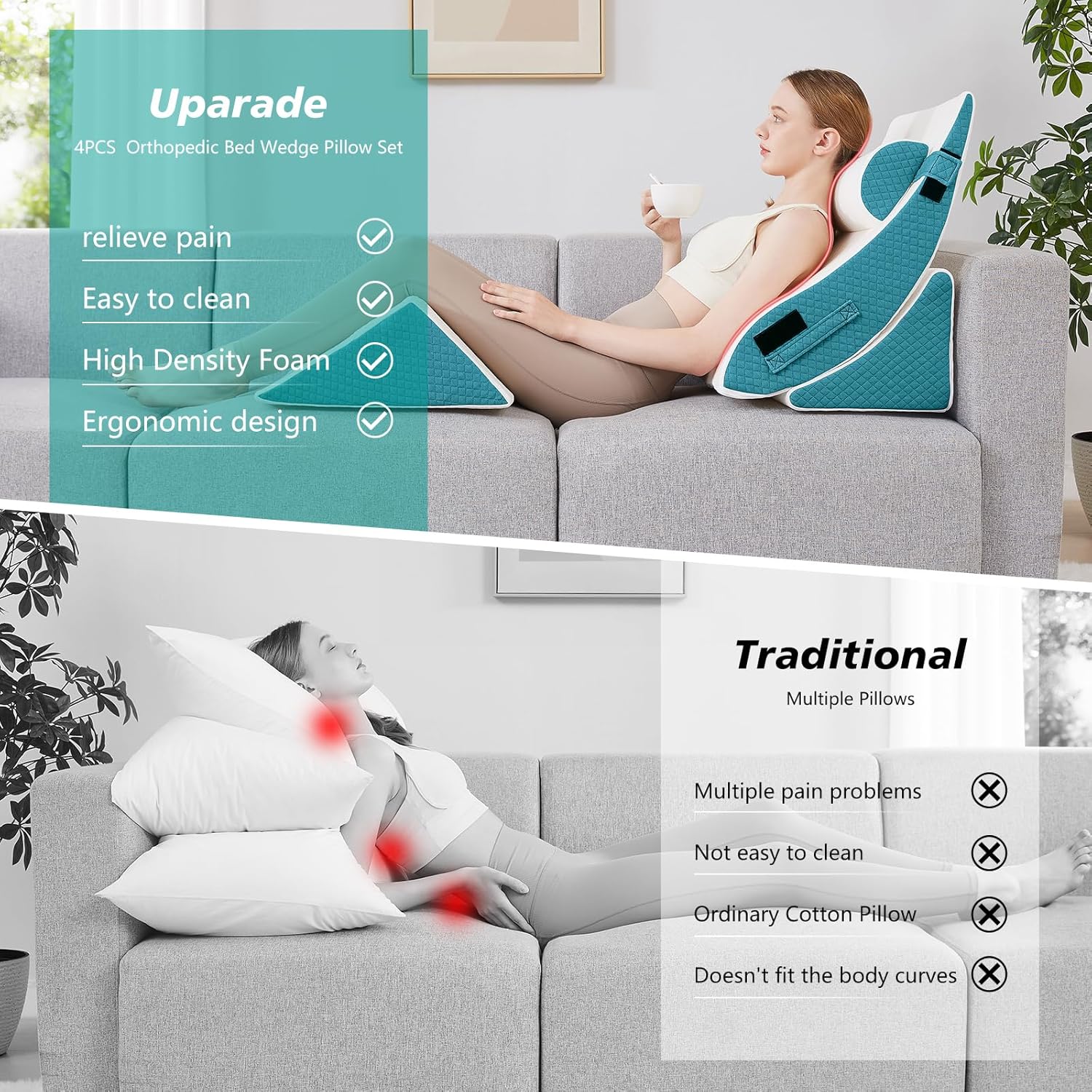 Longering 4PCS Orthopedic Bed Wedge Pillow Set - Neck Back Leg Pain Relief