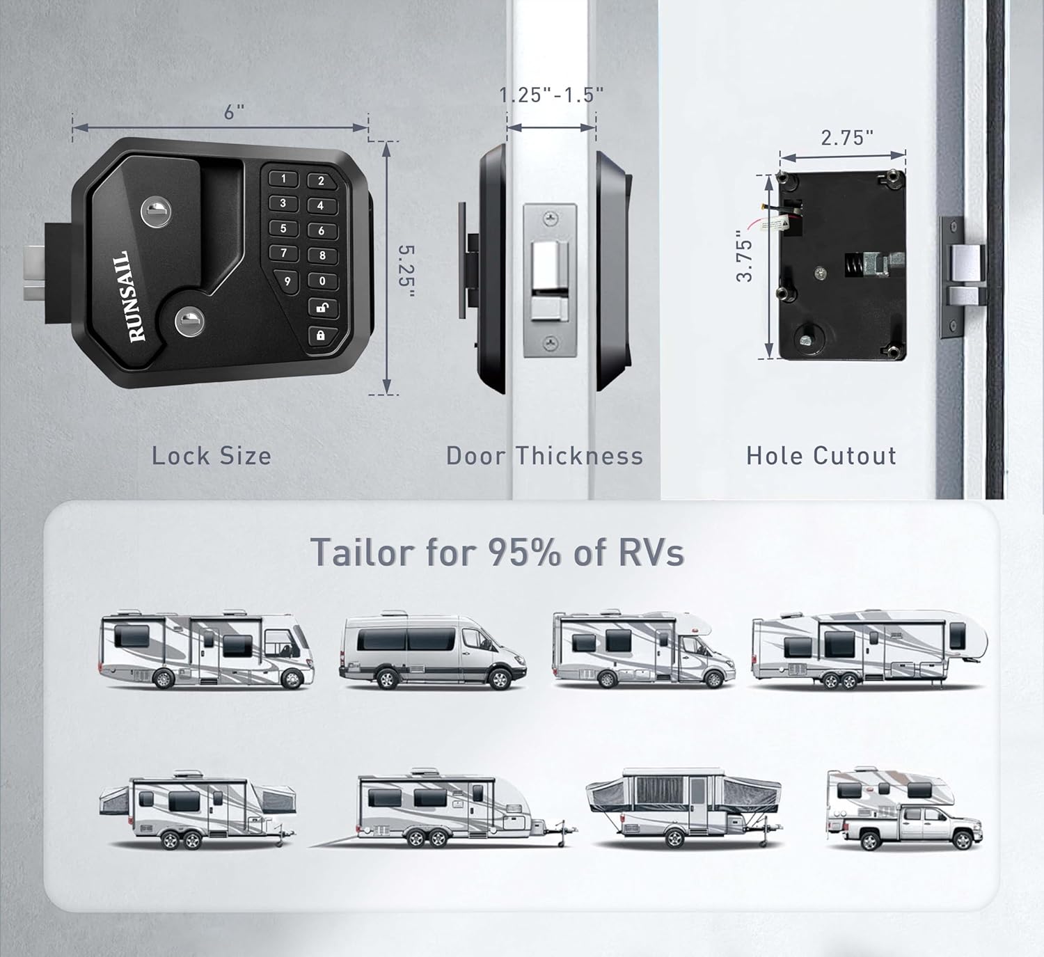 RUNSAIL RV Door Lock with 12-Digit Keypad Remote and Backup Key