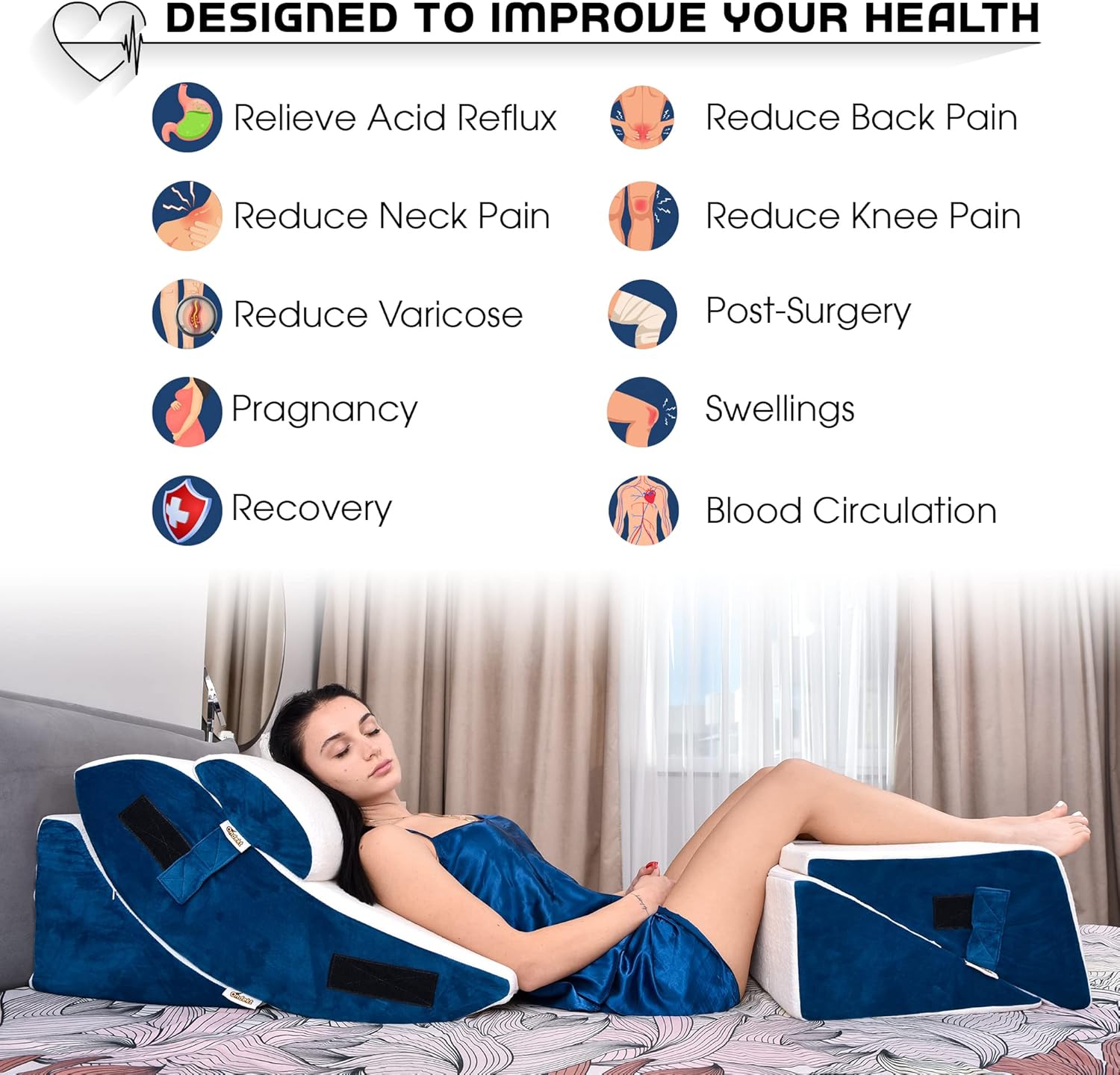 ONDEKT Orthopedic Wedge Pillow Set 5pcs Navy