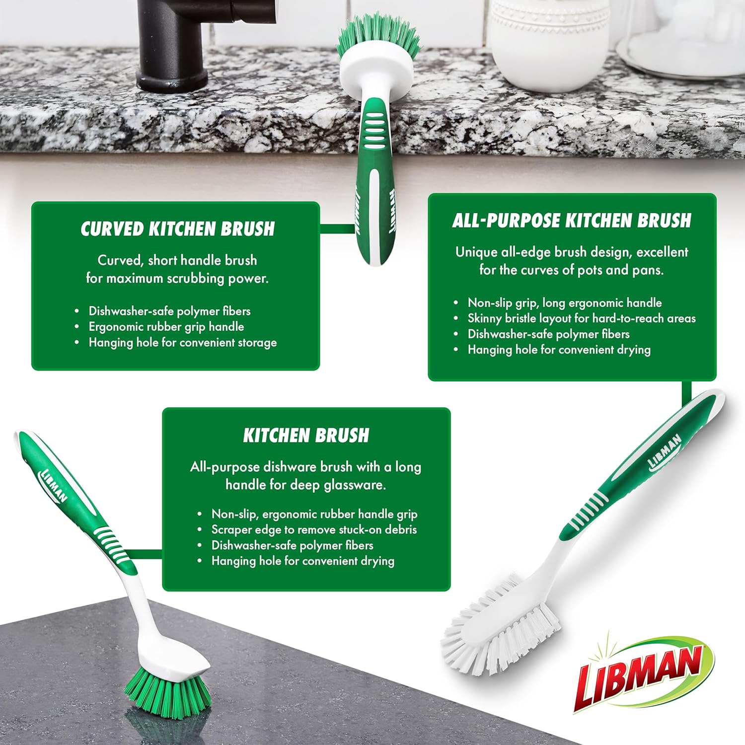 Libman 3-Piece Cleaning Brush Kit for Kitchen Basins Sinks Dishwashers