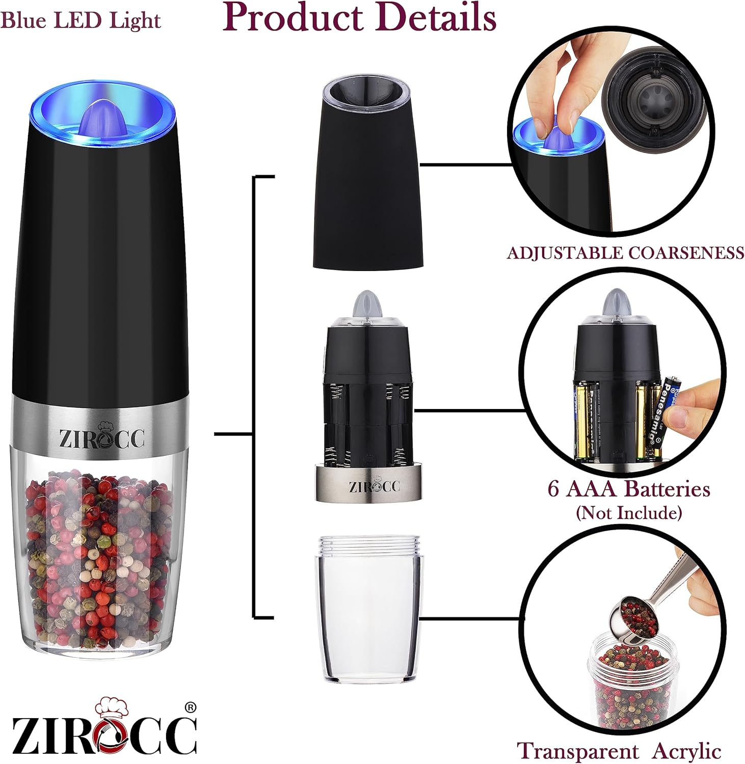 ZIROCC Gravity Electric Salt Pepper Grinder Set