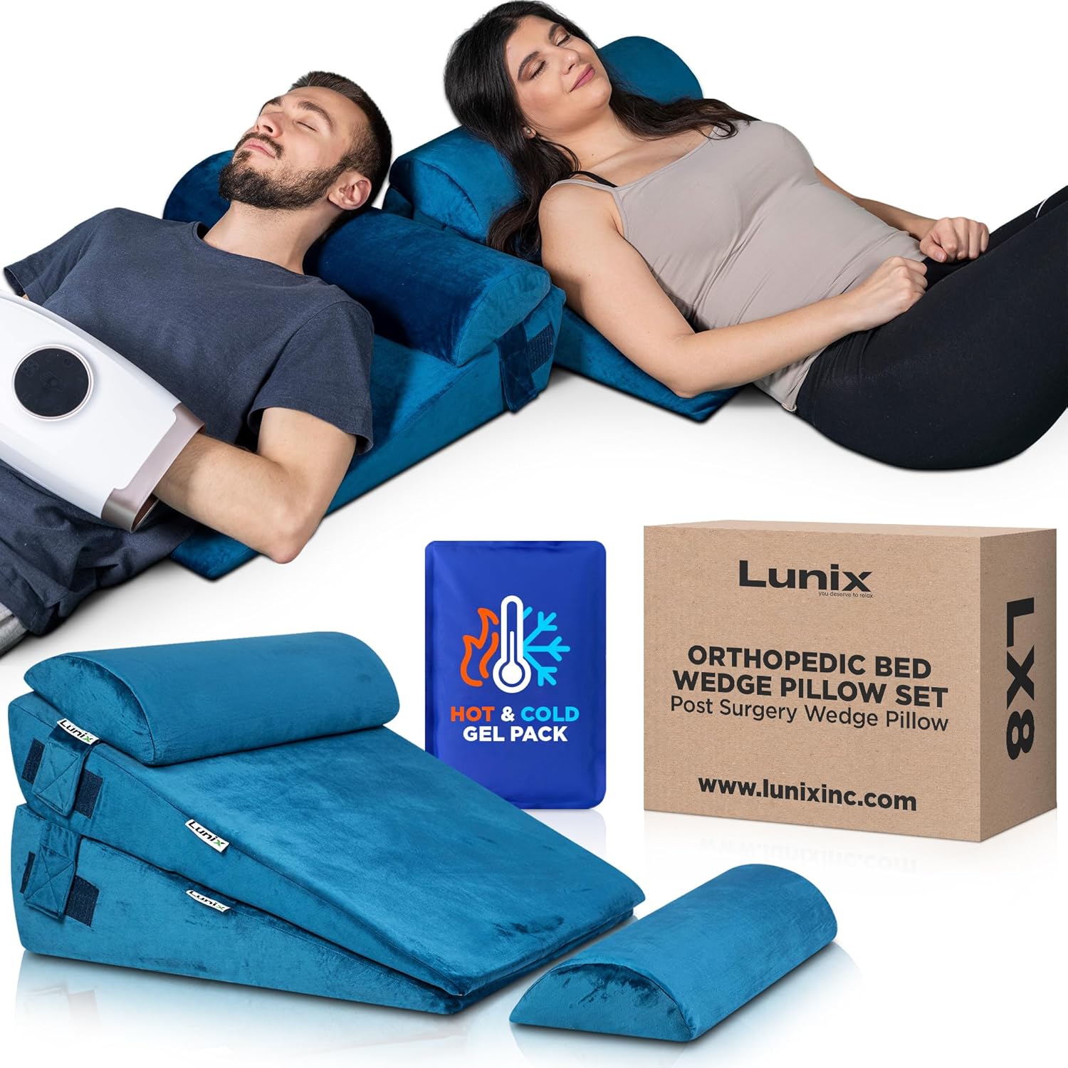 Lunix 4pcs Orthopedic Wedge Pillow Set with Hot Cold Pack