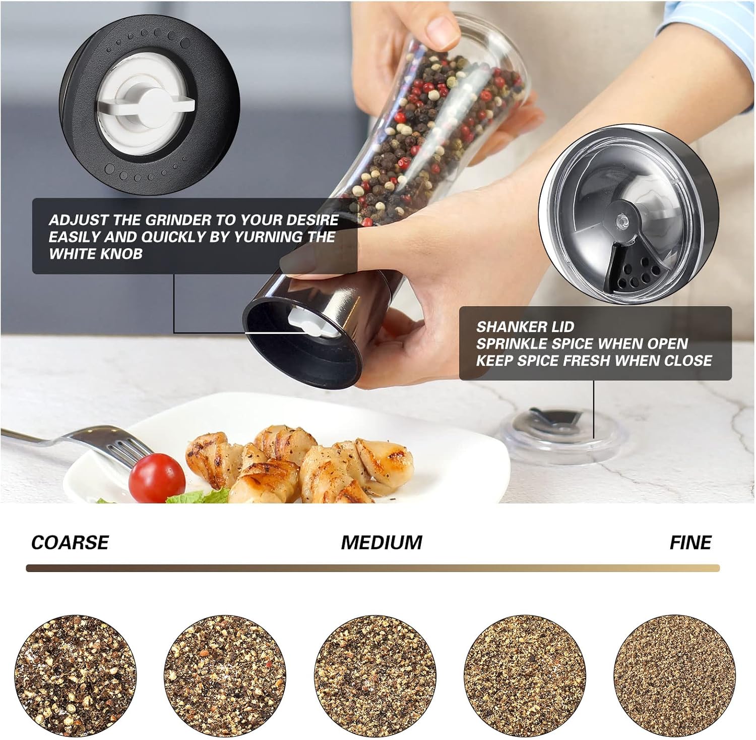 VEVOK CHEF Salt and Pepper Mill Set with Adjustable Coarseness