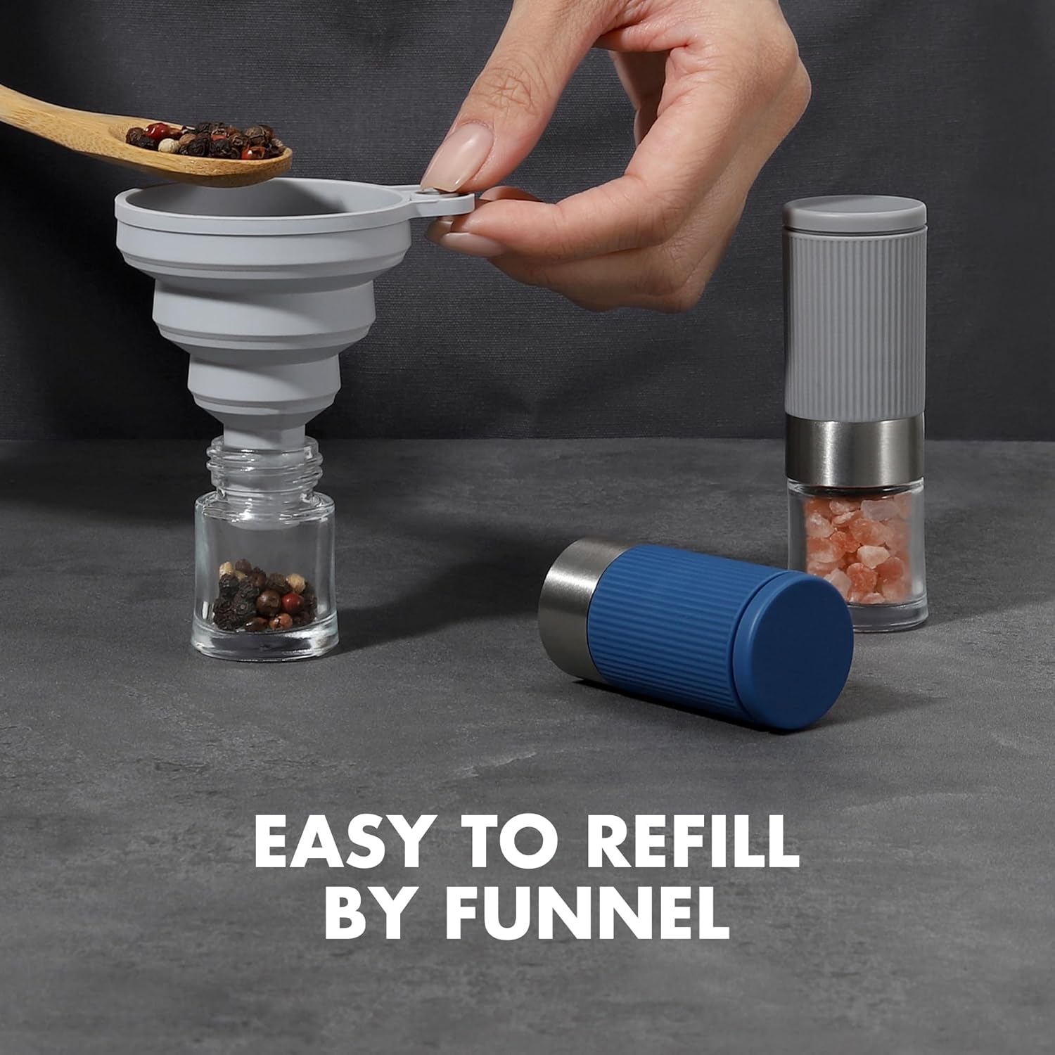 vzaahu Mini Salt Pepper Grinder Set with Bag and Funnel