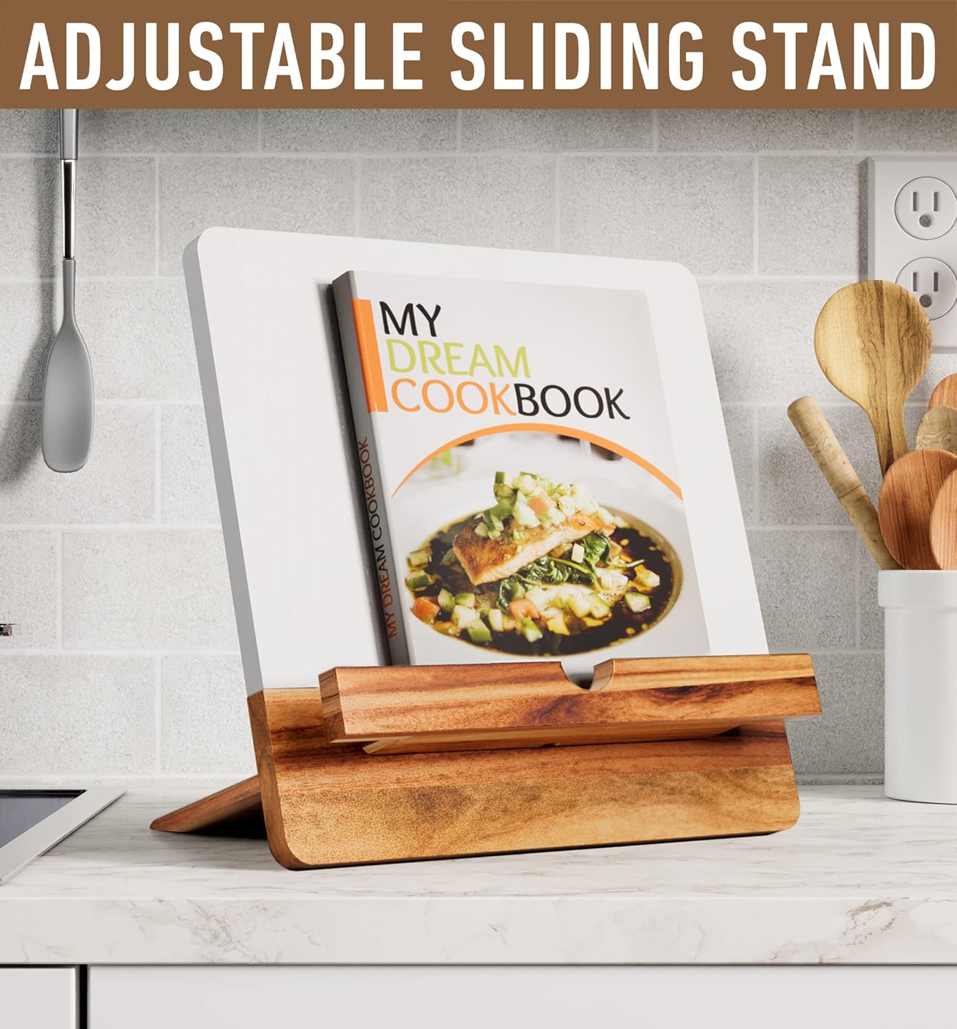 HB Design Co Acacia Cookbook Stand 12x12 Adjustable
