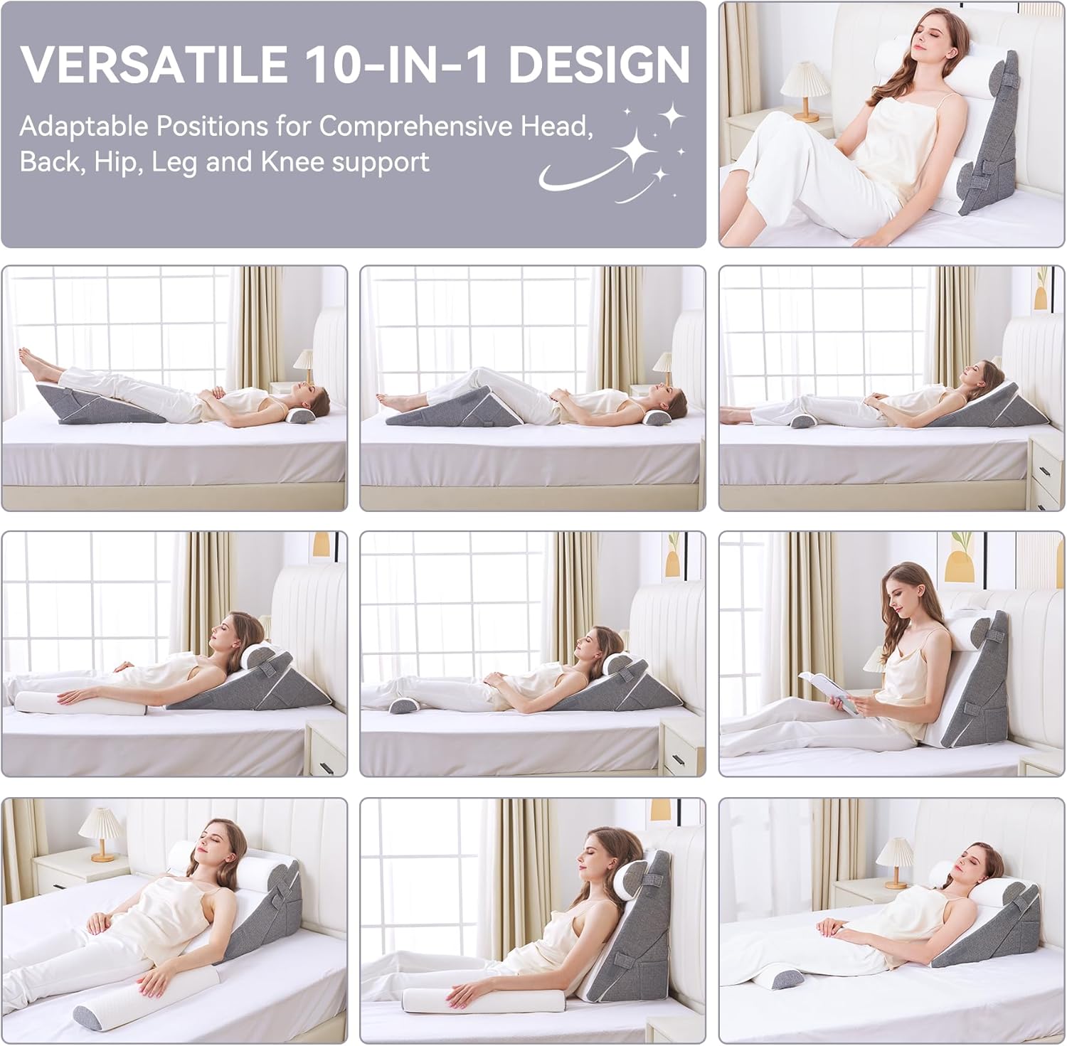 Hogrance 4PCS Wedge Pillow Set for Side Sleepers Grey