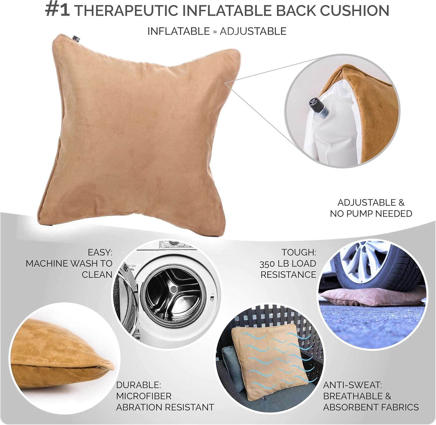AJUVIA QiPillow - Inflatable Lumbar Support Square Pillow Camel