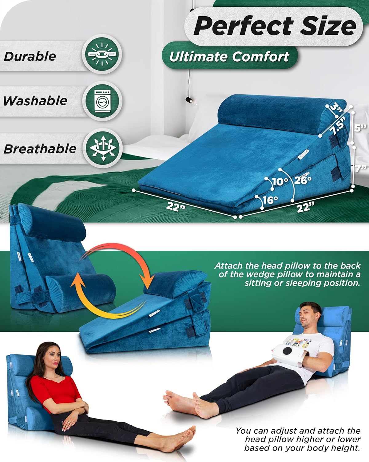 Lunix 4pcs Orthopedic Wedge Pillow Set with Hot Cold Pack