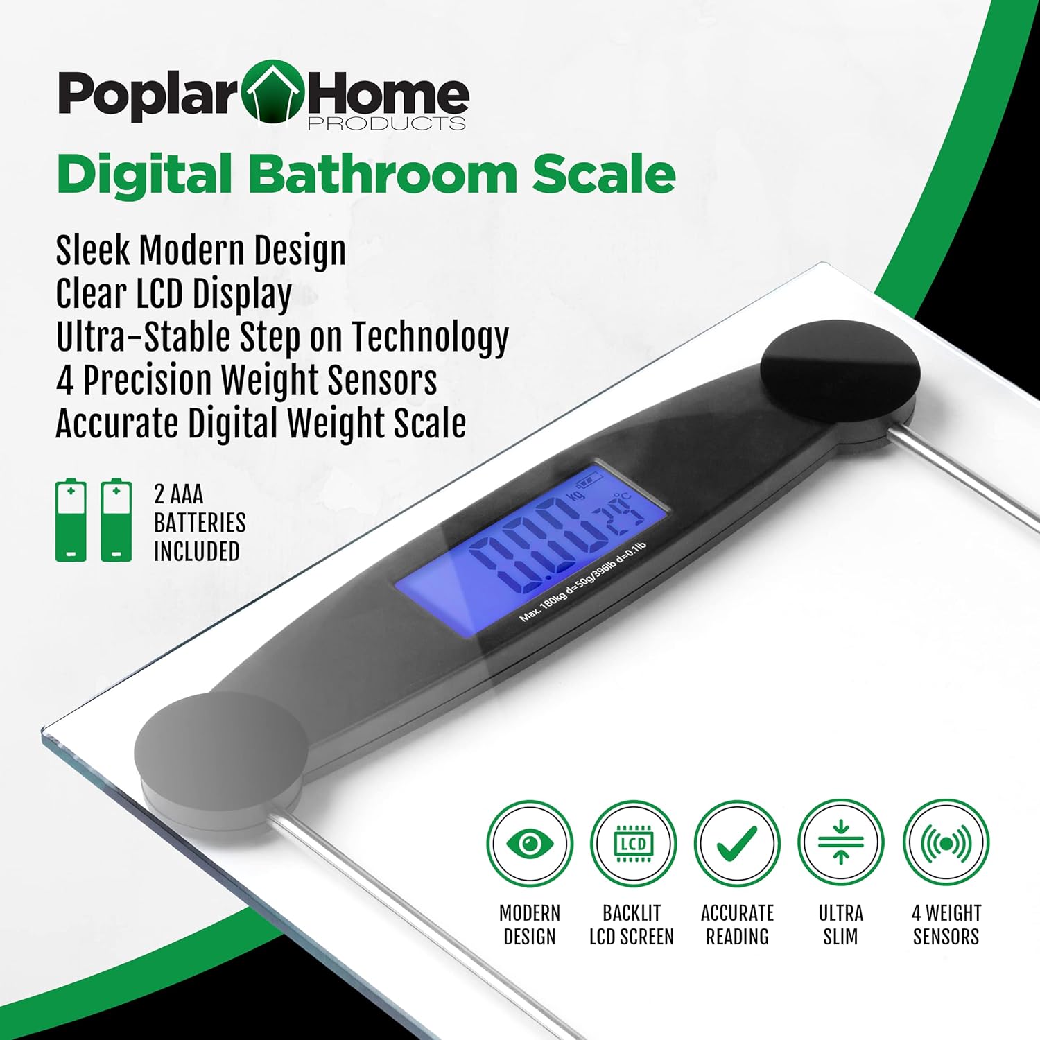 Poplar Digital Bathroom Scale with Clear Glass Platform