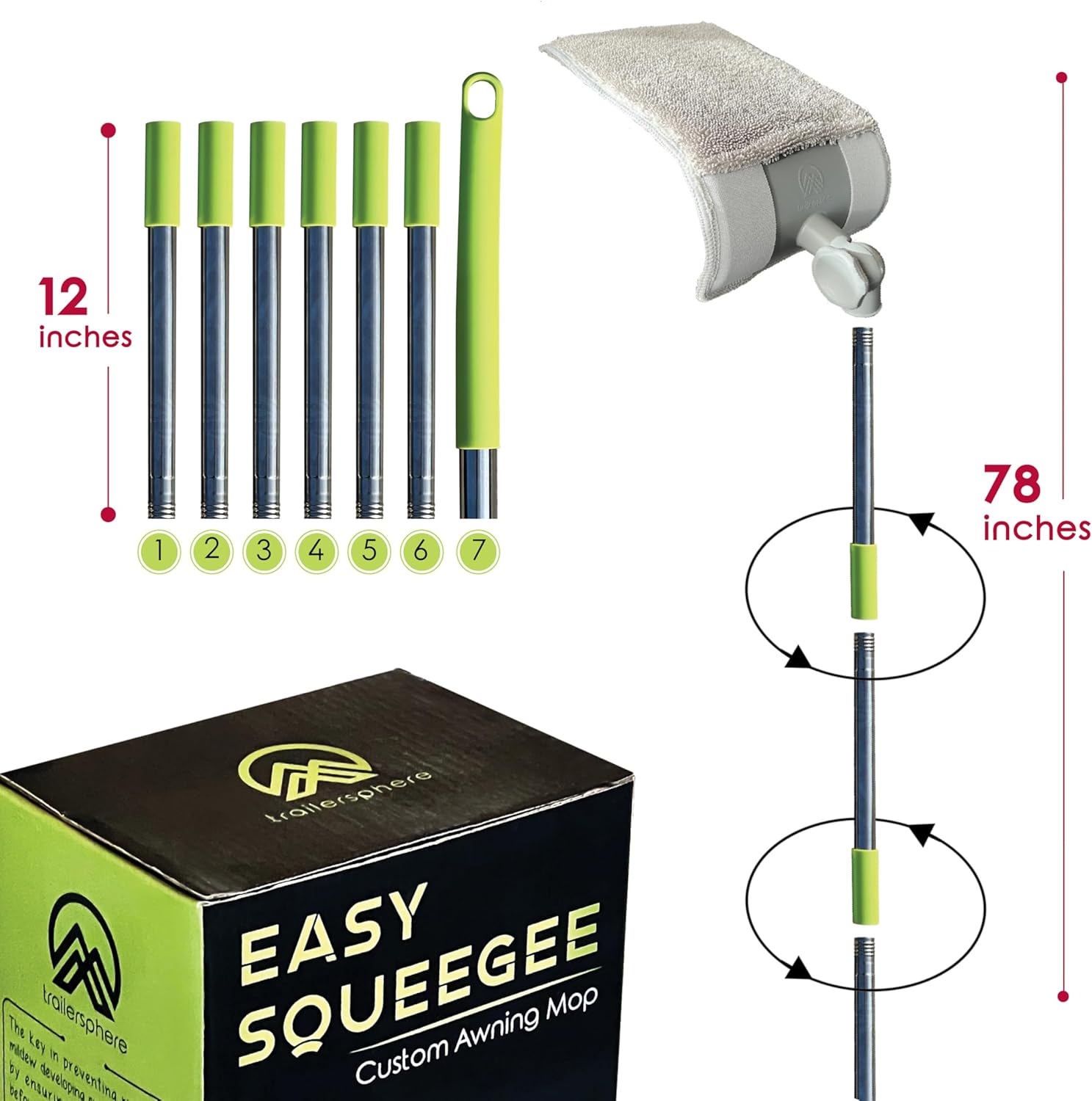Easy Squeegee Professional RV Awnings Mop with Rotating Head and Extendable Pole
