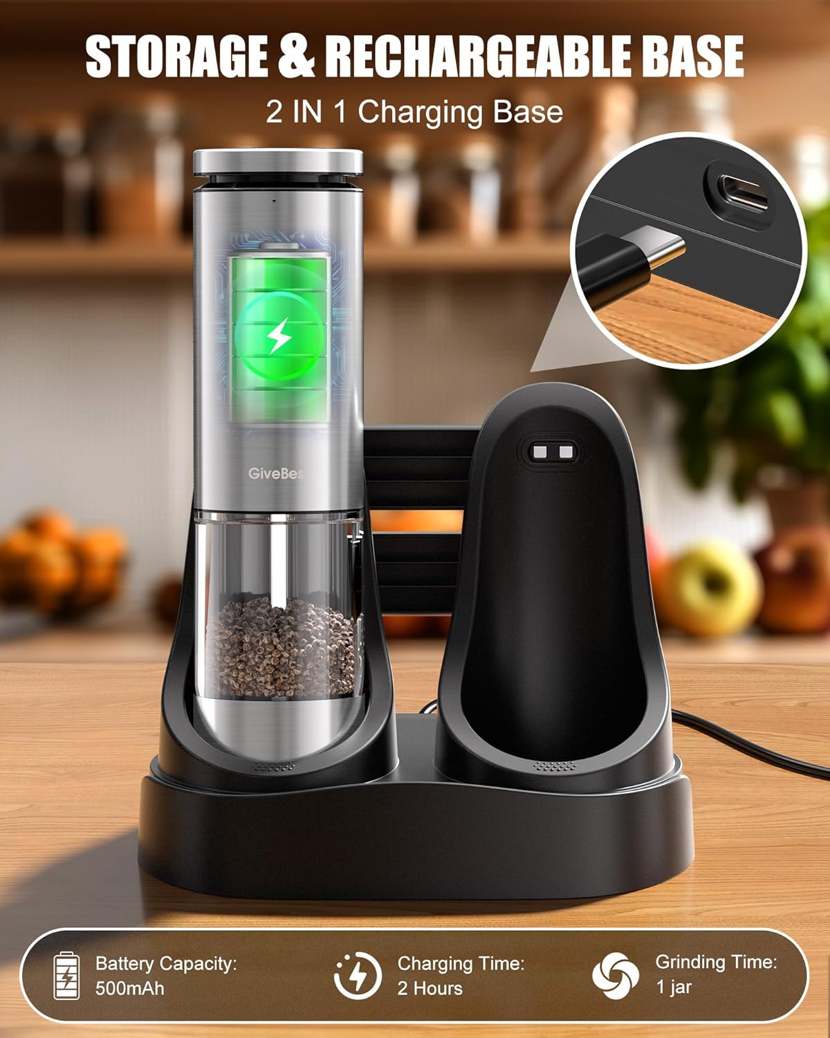 GiveBest Electric Salt Pepper Grinder Set with LED Light and USB Rechargeable