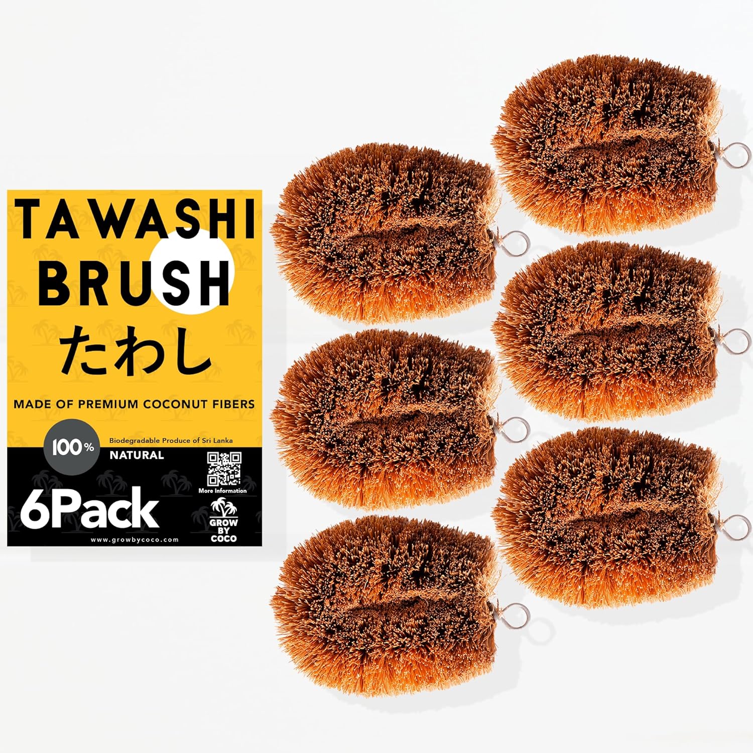 Growbycoco Pack of 6 Tawashi Coconut Coir Cleaning Brushes 1